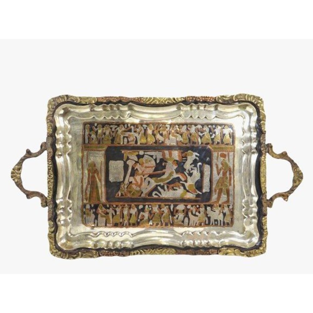 Vintage Egyptian Figural Horse Chariot Copper Silver Metal Serving Platter Tray